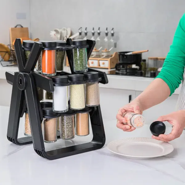 Ferris Wheel Rotating Glass Spice Rack Set - 18 Seasoning Bottles in Spice Jar Containers - Premium Quality