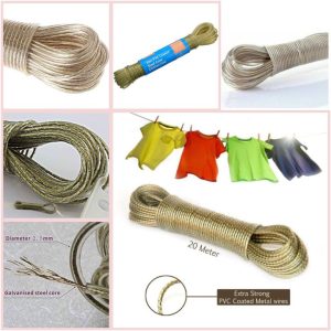 PVC Coated Steel Clothesline Wire Rope - 20 Meter Clothes Drying Line with Plastic Hooks