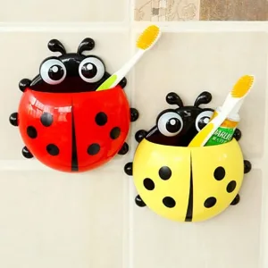 Cartoon Ladybug Kids Suction Cup Wall Mount Toothbrush and Toothpaste Holder, Pencil and Pen Container, Travel Organizer, Plastic Pocket Storage Box