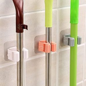 Mop and Broom Holder Gripper, Self-Adhesive Wall Mounted Storage Rack, No Drilling, Anti-Slip, Reusable Plastic Organizer (Pack of 2)