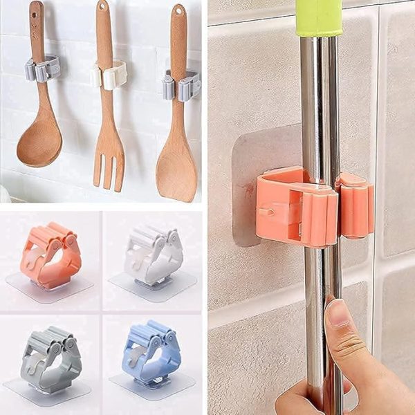 Mop and Broom Holder Gripper, Self-Adhesive Wall Mounted Storage Rack, No Drilling, Anti-Slip, Reusable Plastic Organizer (Pack of 2)